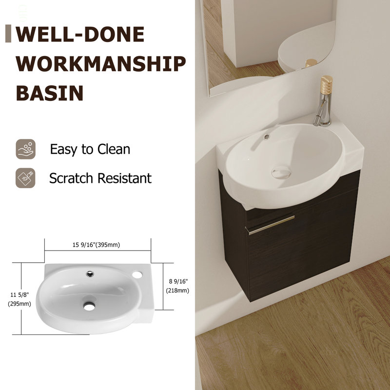Meuble-lavabo à fermeture en douceur avec lavabo, 16 pouces pour petite salle de bain, Black Chestnut, Black Chestnut