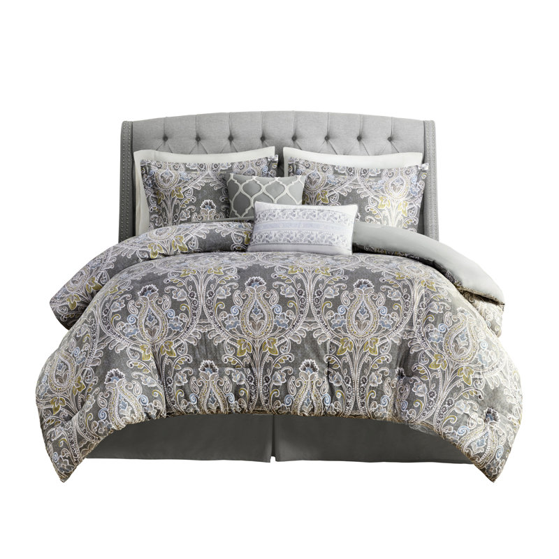 Édredon de lit gris en coton avec matériaux 6 pièces à texture moelleuse, Très grand édredon + 5 pièces supplémentaires