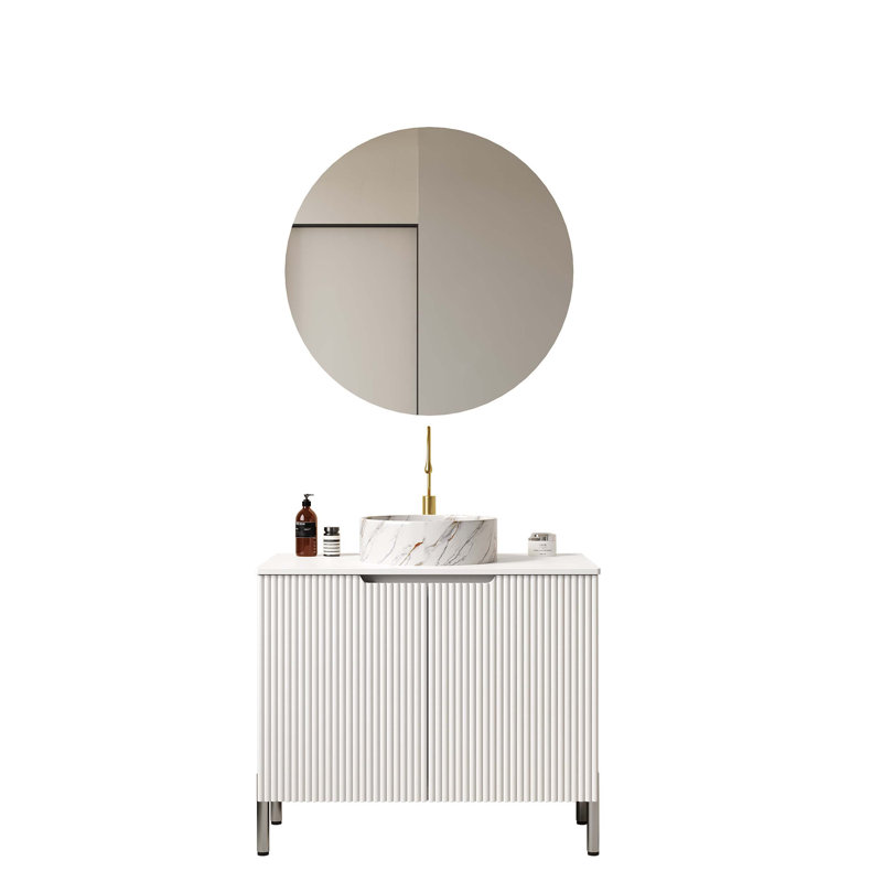Meuble-lavabo de salle de bain avec lavabo, armoire de rangement autoportante, lavabo en céramique, comptoir à motif de pierre, système de fermeture en douceur et instructions d'assemblage