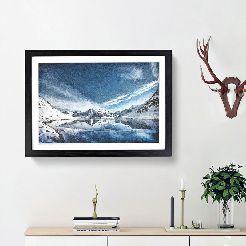 Winter Mountain Reflection - Picture Frame Painting Print, Black Framed, 27cm H x 36cm W x 2cm D