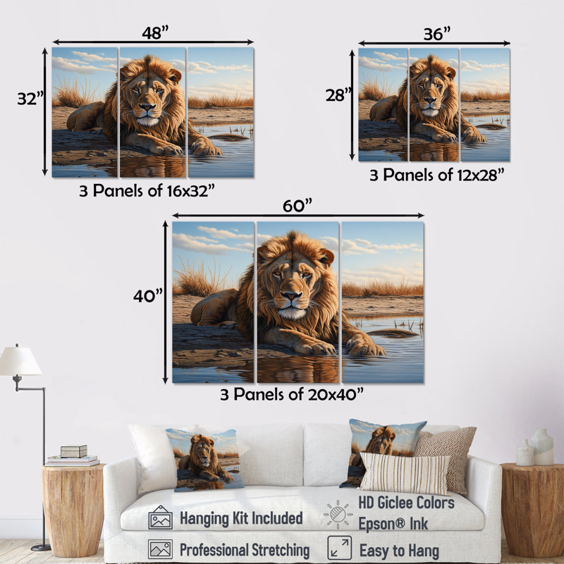 Lion se reposant au bord de la piscine d'eau, Toile tendue, H 40 po x l 60 po x P 1 po