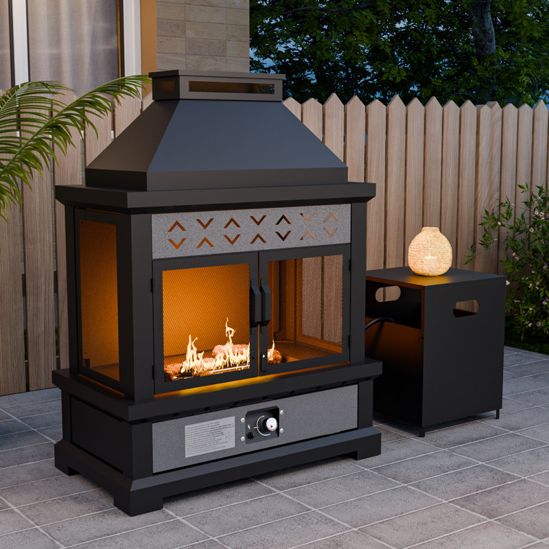 Smoke-Free Rectangular Propane Fireplace with Tank Cover, 50,000 BTU Outdoor Fire pit with Extra Cover, Hose, Ceramic Logs and Auto Ignition