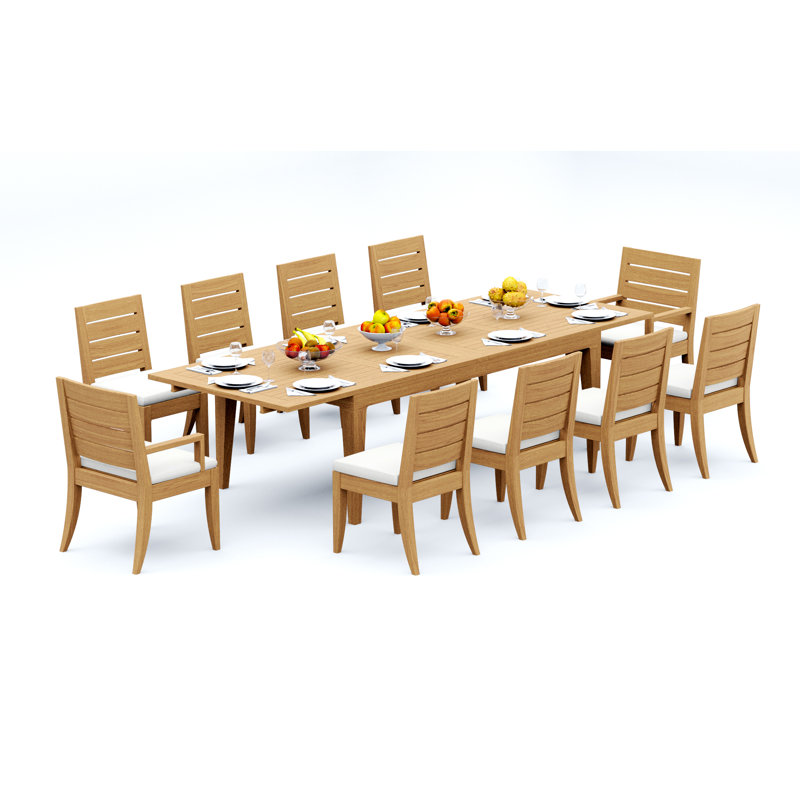 Ensemble de salle à manger 11 pièces en bois de teck de qualité A: table rectangulaire à double extension Caranas de 122 po et 10 chaises Atnas (2 et 8 chaises sans accoudoirs) # 11AT2902