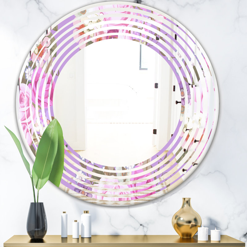 Miroir mural Wave, H 23,6 po x l 23,6 po, Motif de vagues avec des roses de campagne