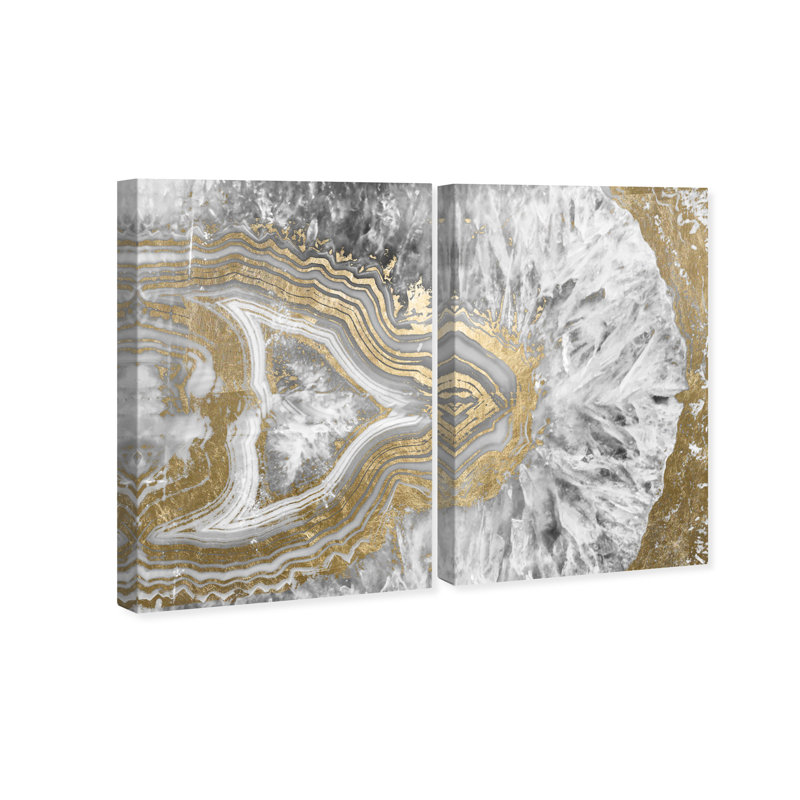 Agate Geode Crystal Diptych, marbre abstrait moderne et contemporain or / blanc - ensemble de 2 impressions sur toile tendue