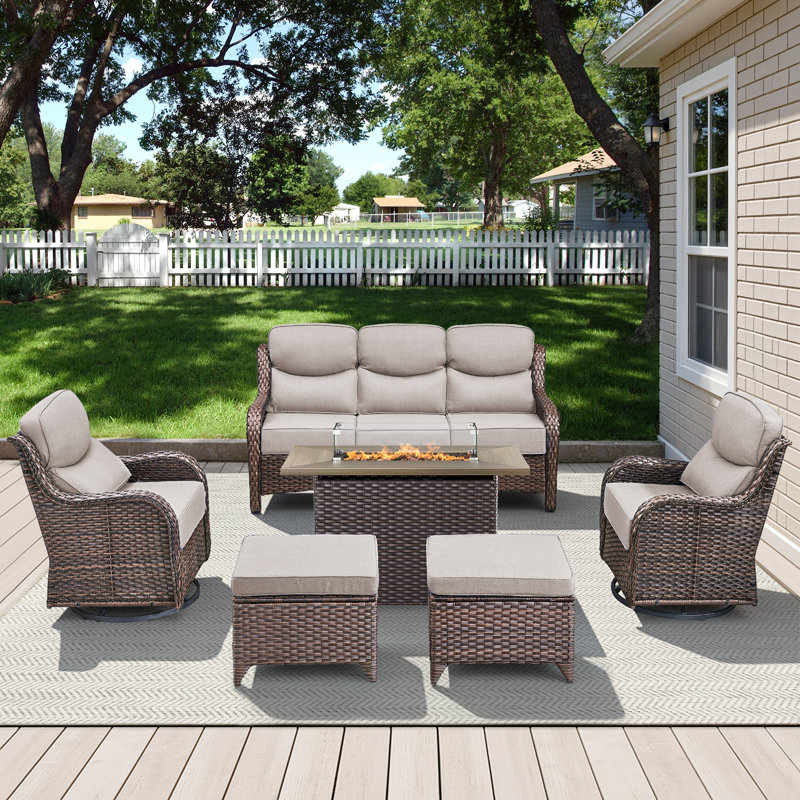 Ensemble de conversation pour canapé en osier 6 pièces avec chaises berçantes et foyer d'extérieur, Beige, Brun