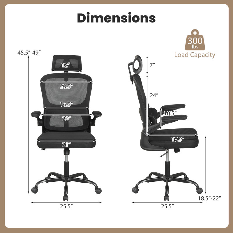 Inbox Zero Mesh Office Chair With Adaptive Lumbar Support Flip-up Padded Armrests Headrest
