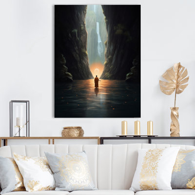 «Buddhist Monk Meditating In Cave Lake», reproduction sur toile
