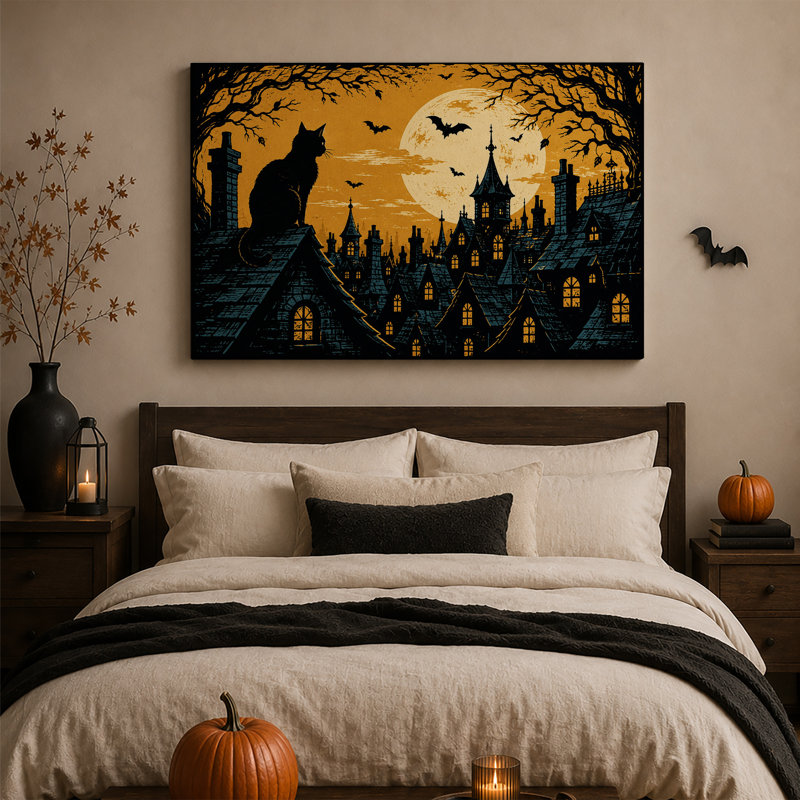 Chat noir sur les toits d'un village gothique lugubre, sous une toile murale d'Halloween, 16"H x 24"W