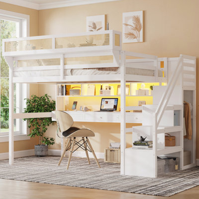 Full Size Loft Bed with Desk and Wardrobe, Wood Full Loft bed with Charging Station and Light
