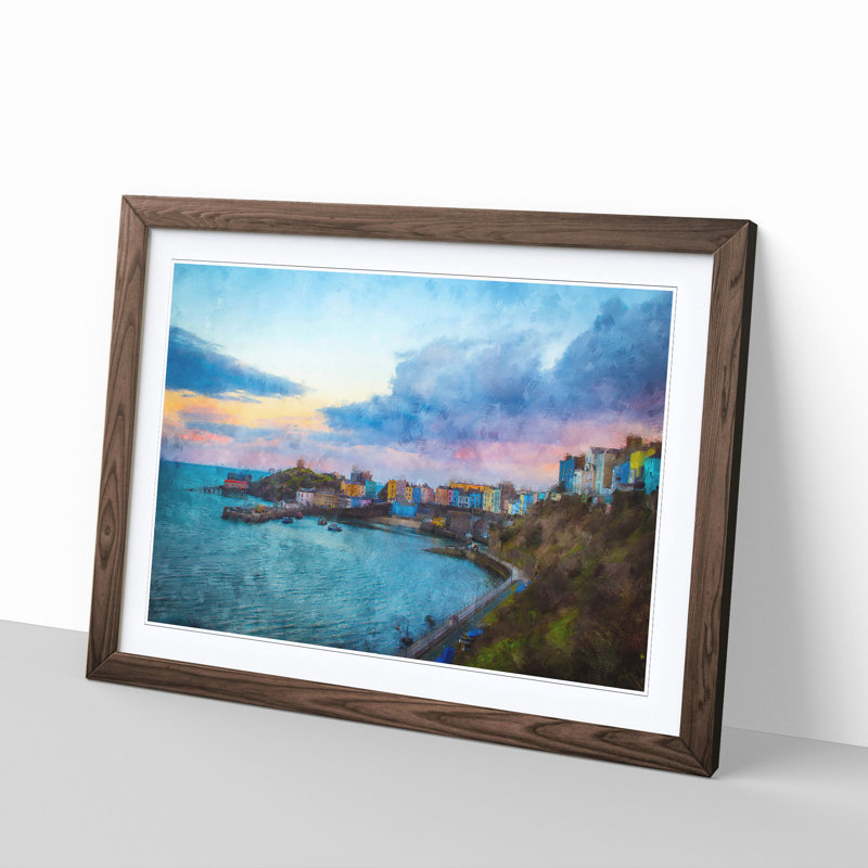 Tenby Harbour in Pembrokeshire Wales - Picture Frame Painting Print, 45cm H x 63cm W x 2cm D, Walnut