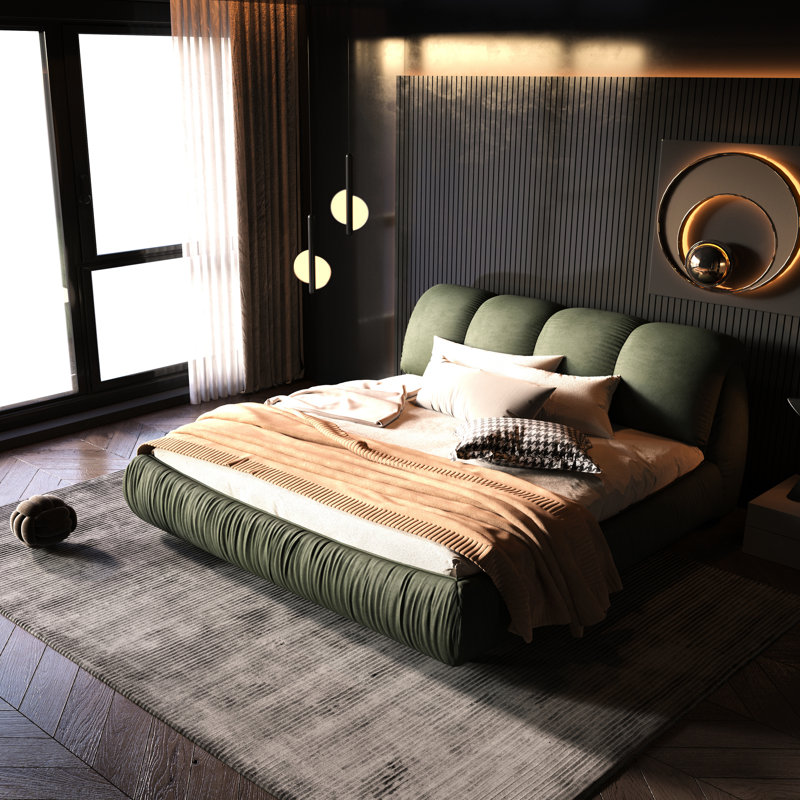 Très grand lit avec un cadre rembourré doux en bois massif, sans sommier pour une nuit confortable et relaxante. Lit plateforme tapissier de taille élégante, convenant à plusieurs hauteurs de matelas.