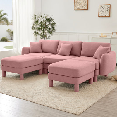 Canapé modulaire 3 en forme de U rose avec tissu bouclé, en forme de coquillage distinctif, 2 repose-pieds mobiles et pieds cylindriques, moderne pour espaces de bureau rose, 3, modulaire, repose-pieds, décoration intérieure