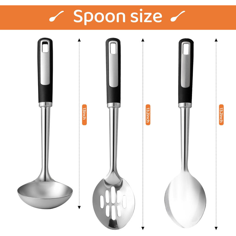 Ensemble de 3 cuillères à cuisson robustes en acier inoxydable 3 pièces - Louche à soupe, cuillères solides et rainurées pour utilisation quotidienne