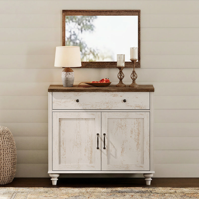 Commode pour bébé Corretta avec portes en bois, commode pour enfant avec grand tiroir, armoire en bois de style moderne du milieu du siècle, petite commode pour salon, chambre d'enfant, couloir, blanc rustique