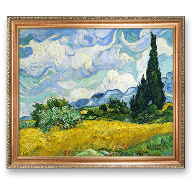 Wheat Field with Cypresses by Van Gogh Framed Size:34.5 x 28.5 inches,Image Size:30x24 inches,Luxurious Gold Embossing Frame The World Classic Art Reproductions,Giclee  Prints Wall Art for Home Décor
