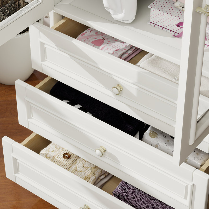 Armoire 100% bois massif avec 3 tiroirs et tringle, blanc