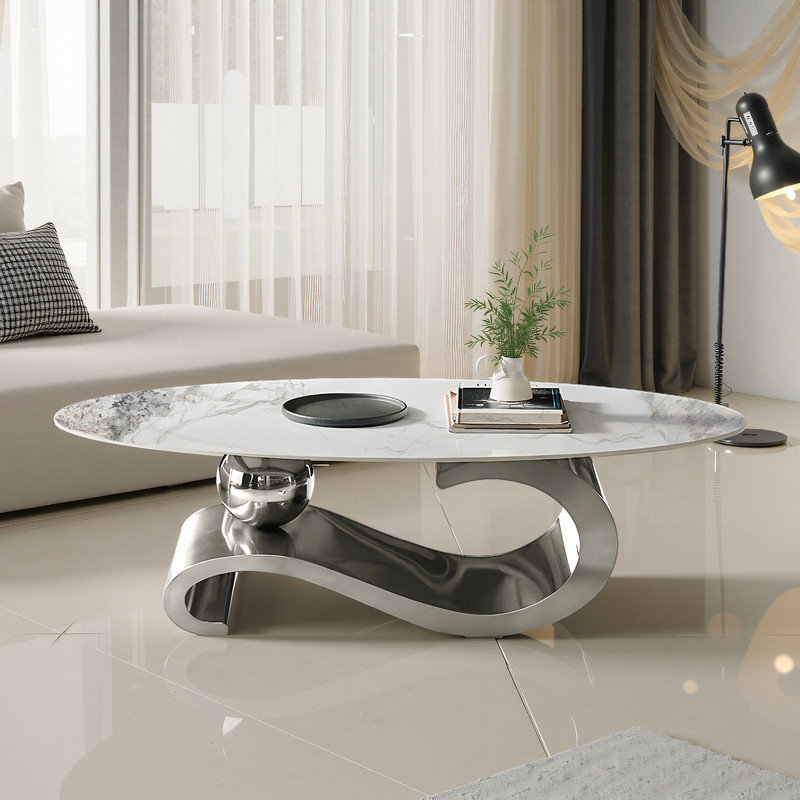Luxury Oversize 51in. L Oval Coffee Table with Musical Note Base Modern Accent Piece for Living, Silver