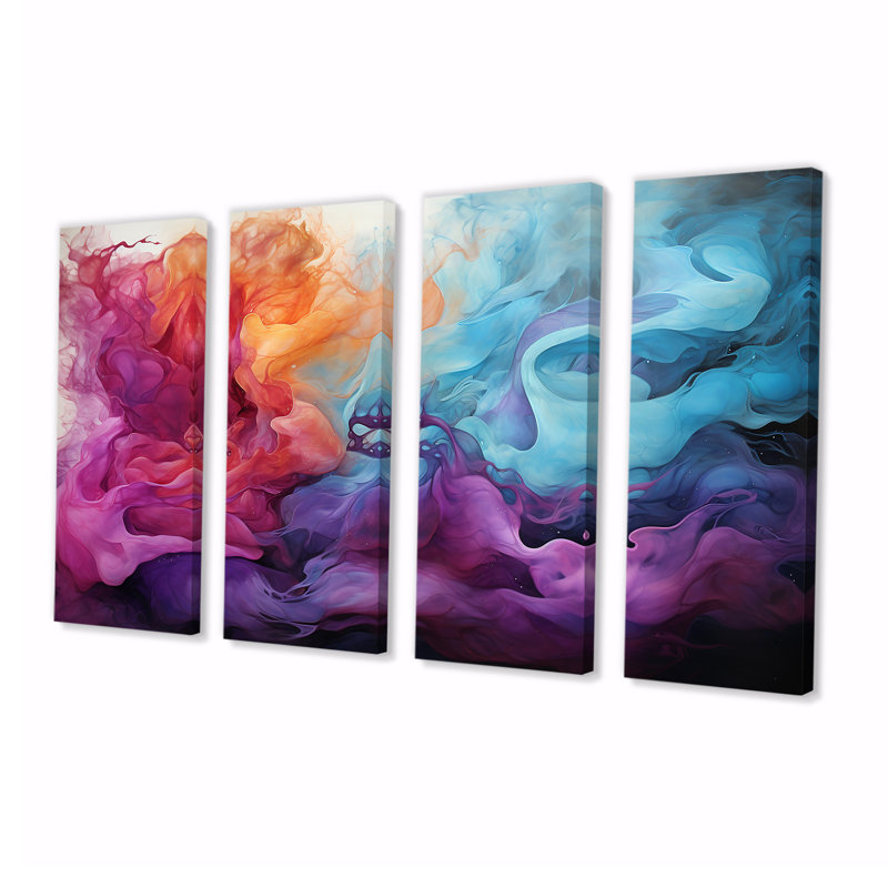 Encre liquide liquide, nuages magenta mauve doré - décoration murale en marbre 4 pièces, H 28 po x l 48 po
