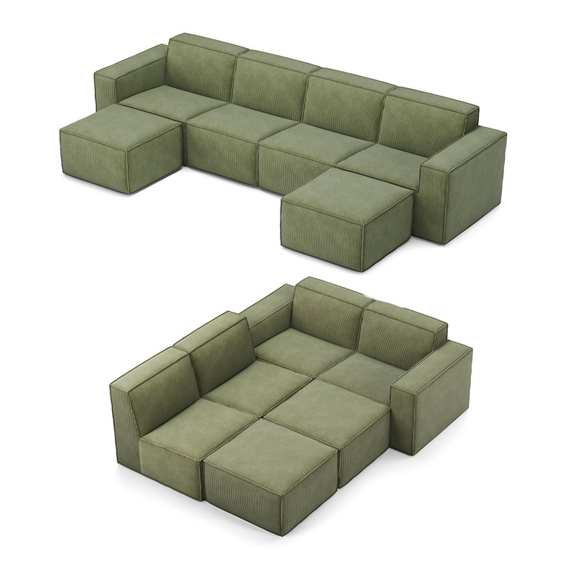 133.4" Modular Cloud Sectional Sofa With Movable 2 Ottomans, Green