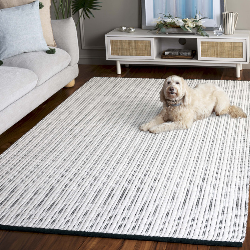 909 Hand Woven Cotton/Wool Striped Rug , Rectangle 5' x 8', Green/Ivory