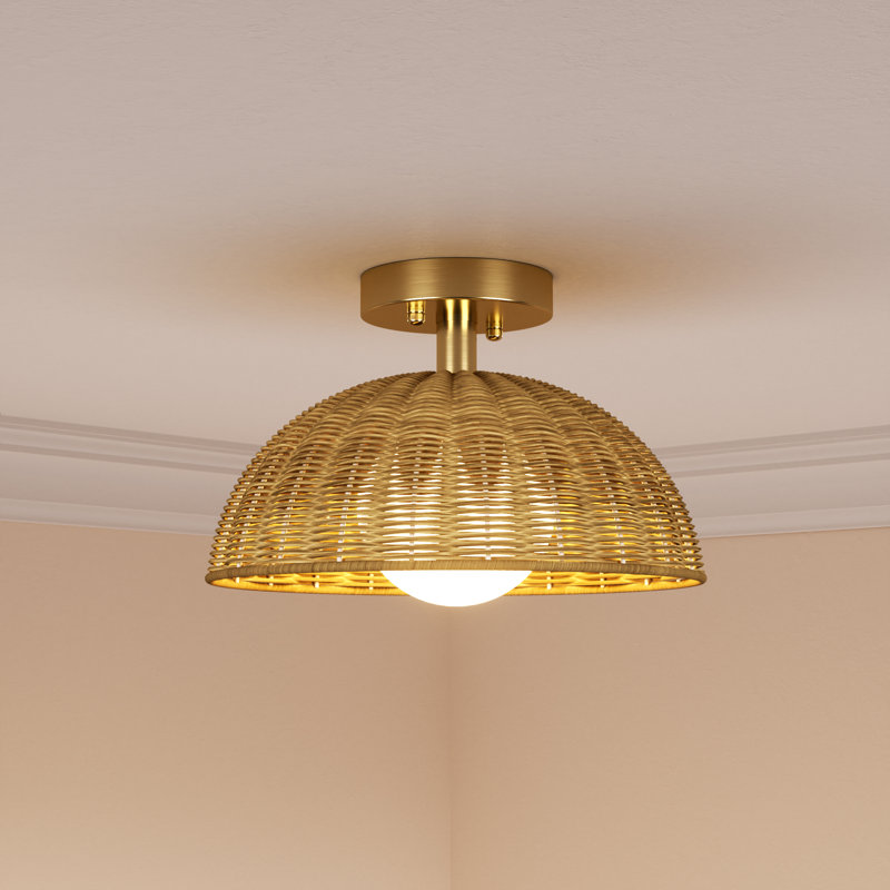 Plafonnier semi-encastré en rotin tressé à 1 lumière 12 po Bijolle pour salon / chambre à coucher, Doré
