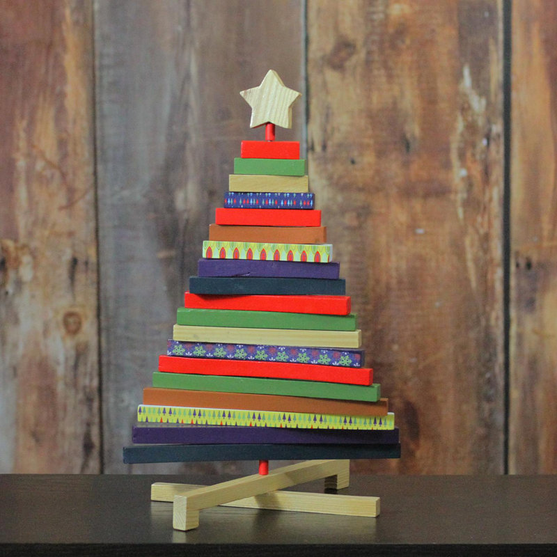 Décoration de table arbre de Noël réglable en bois 15,5 "beige et rouge