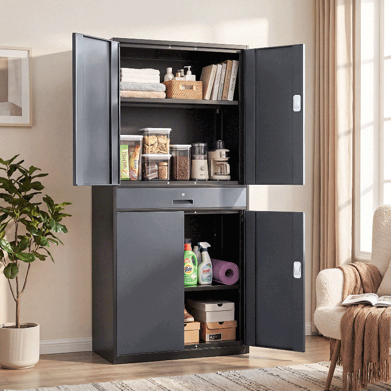 Armoire de rangement en métal 71 po, organisateur de rangement de garage avec portes verrouillables, tiroir et tablettes réglables