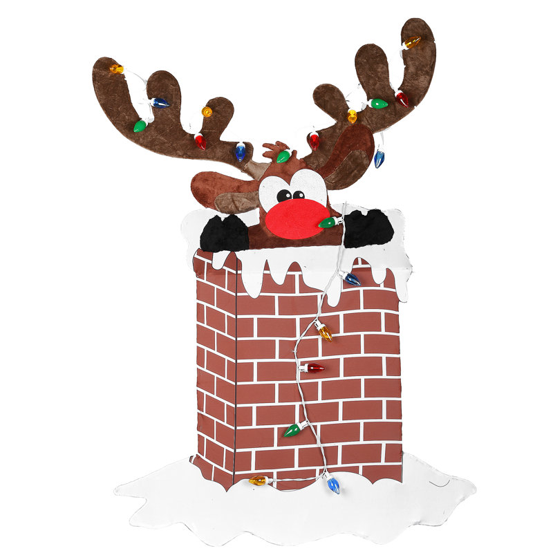 47-Inch Multicolored LED Reindeer in Brick Chimney Christmas Decoration