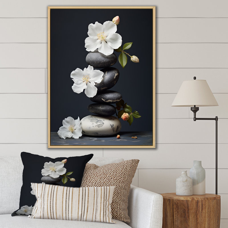 Décoration murale zen sérénité fleurs blanches pierre noire Cairn I - Pierre spirituelle, H 40 po x l 30 po x P 1,5 po