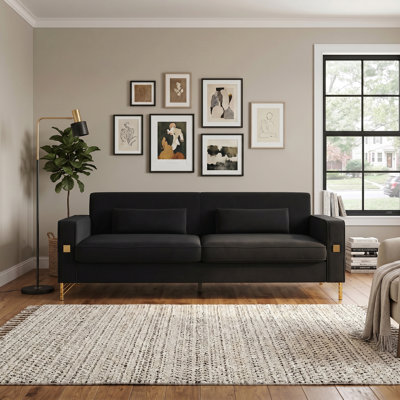 85.63"Velvet Modern Upholstered 3-Seater Sofa Straight Black