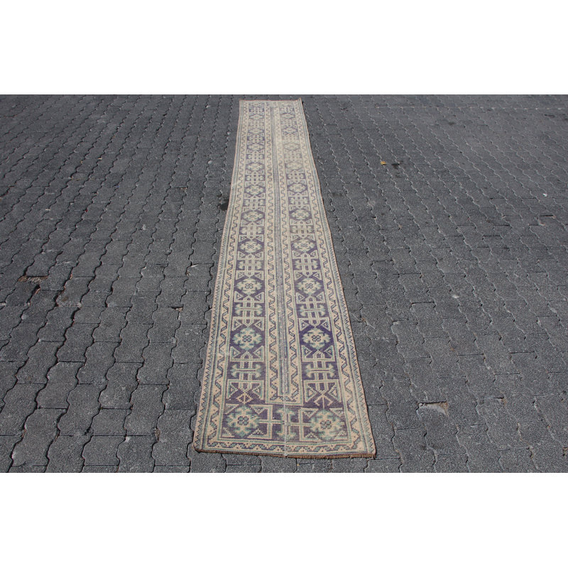 Tapis de couloir Oushak fait à la main en laine patchwork mauve antique pour escalier