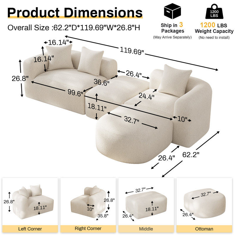 Boneless 119" Modern Curved Sectional Sofa Compression Modular Sofa Couch, Beige