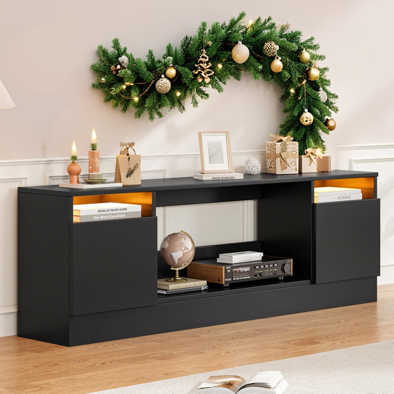 Modern TV Stand for TVs Up to 75", Entertainment Center with Storage Cabinets, 2 Open Shelves, Space for 35" Electric Fireplace Insert, Tool-Free Assembly(Fireplaces NOT Included)