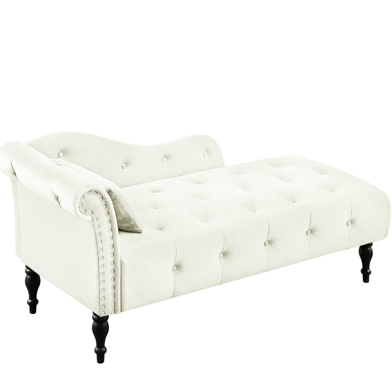 Méridienne en velours blanc avec coussin gracieux, boutons, garniture cloutée et pieds en bois massif - respire l'élégance et la garniture fascinante du salon, les boutons transforment votre espace