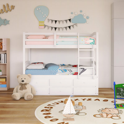 Wood Frame Twin Over Twin Size Bunk Bed With Twin Trundle Bed And 3 Drawers
