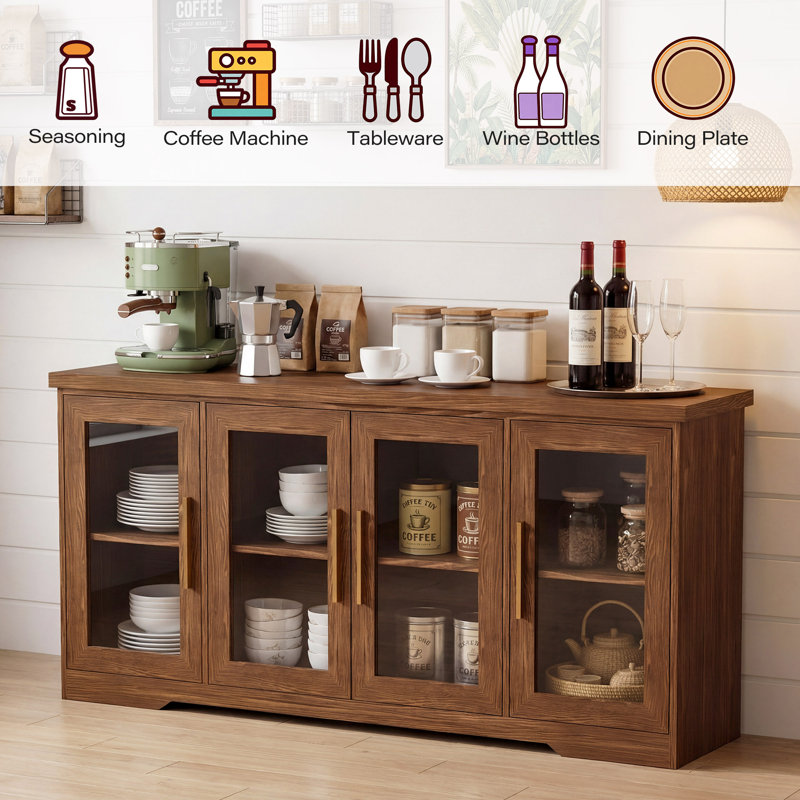 66" W Modern Sideboard with Glass Doors and Adjustable Shelves, Brown