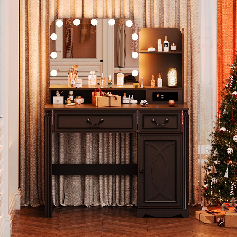 Bureau de coiffeuse avec miroir à DEL, tiroirs de rangement et prises de courant intégrées, Gris