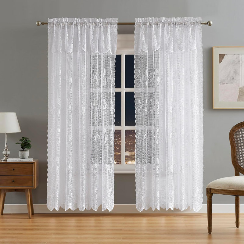 Rideaux en dentelle transparente à motifs floraux au crochet, blancs, Blanc, L 54 po x L 96 po