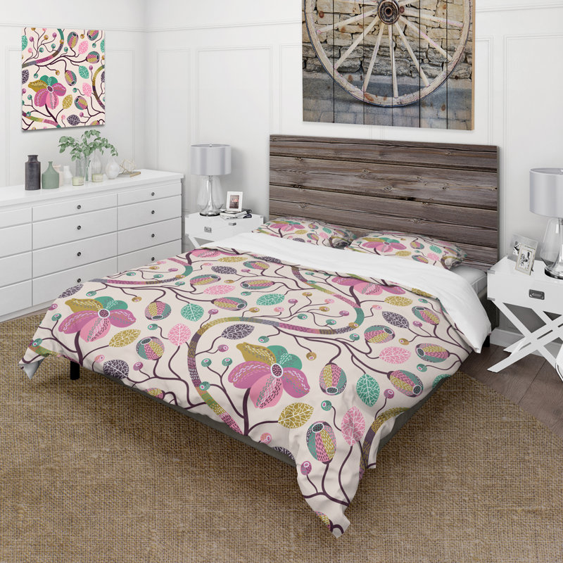 Fleurs et branches roses - Ensemble de housse de couette traditionnel - Microfibre de polyester