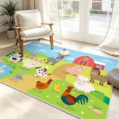 White Farm Animals Landscape Cow Pig Sheep Horse Rooster Chicken Duck Machine Washable Indoor Area Rug