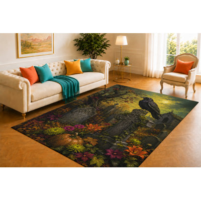 "Ultra Lightweight" 5'x7' Cemetery Raven Rug, Tombstone Cross Moon Bare Tree Artwork, Smooth Printed Floor Cover for Bedroom, Office, Lounge and Gothic Home Decor