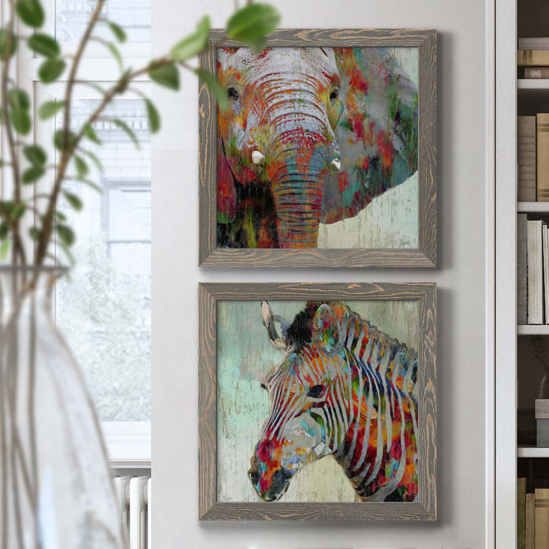 «Paint Splash Elephant», ensemble de 2 impressions sur toile, Toile avec cadre gris, H 17 po x l 34 po x P 1,5 po