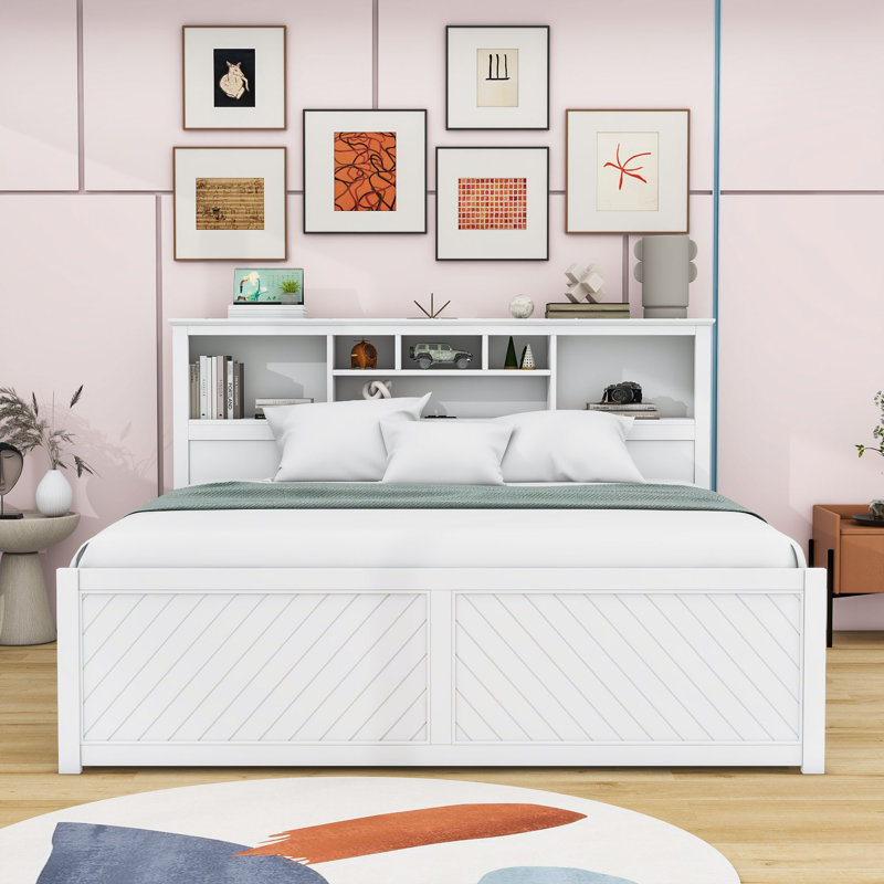 King Platform Bed with USB-Equipped Storage Headboard and 2 Drawers, White