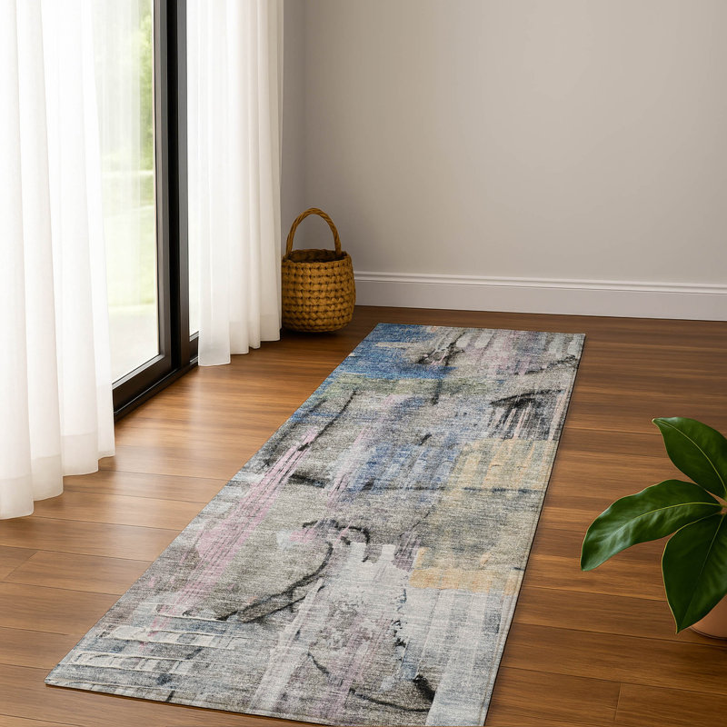 Premium Machine Washable Mayfield AMF2076 Abstract Rug, Blue, 2'3" x 7'6" Runner