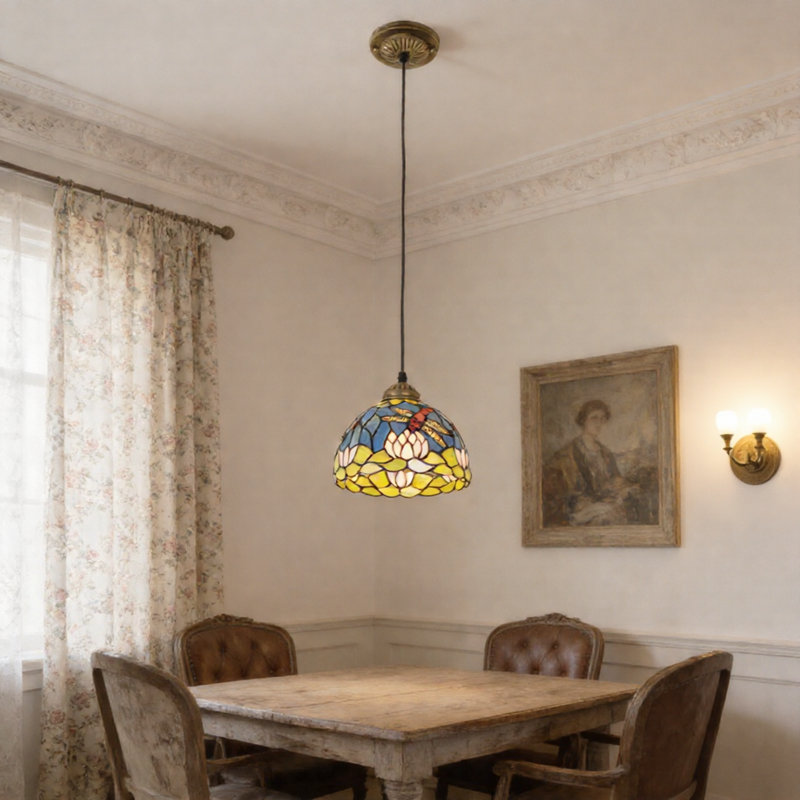 31.5" Dragonfly & Lotus Stained Glass Pendant Light, Antique Bronze Iron Frame, E26 Bulb Included