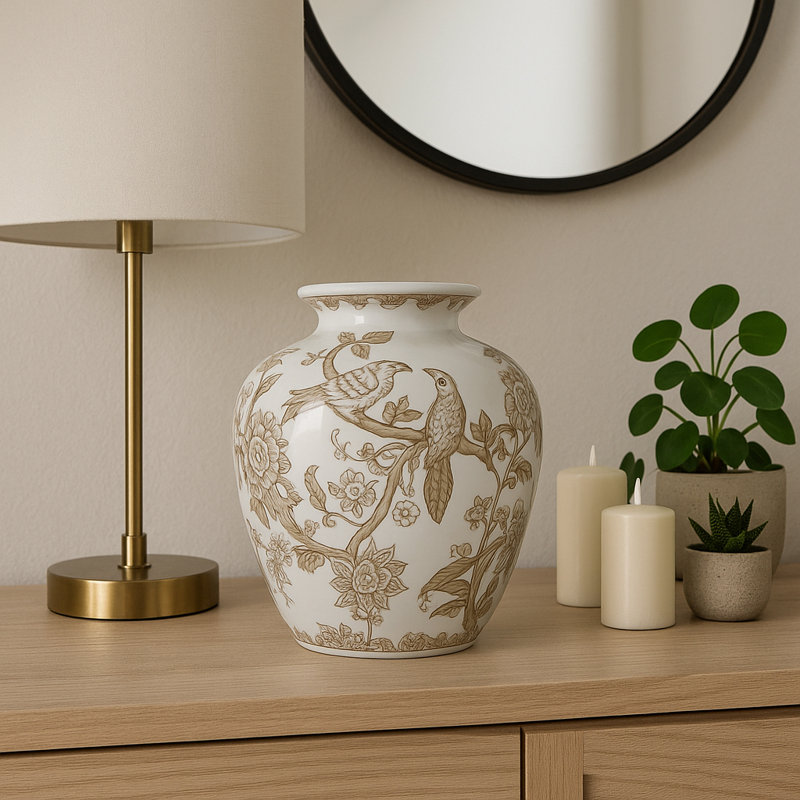 Vase décoratif décoratif en céramique de style chinois pour la maison - Grand vase contemporain pour décoration de salon ou de salle à manger - 10 po, blanc et brun