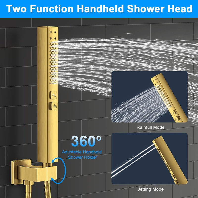 12 Inch Wall Mounted Rain Shower System With 2 In 1 Handheld Spray, Modern Square Shower Head And Pressure-Balanced Valve Trim Kit, Brushed Gold Finish