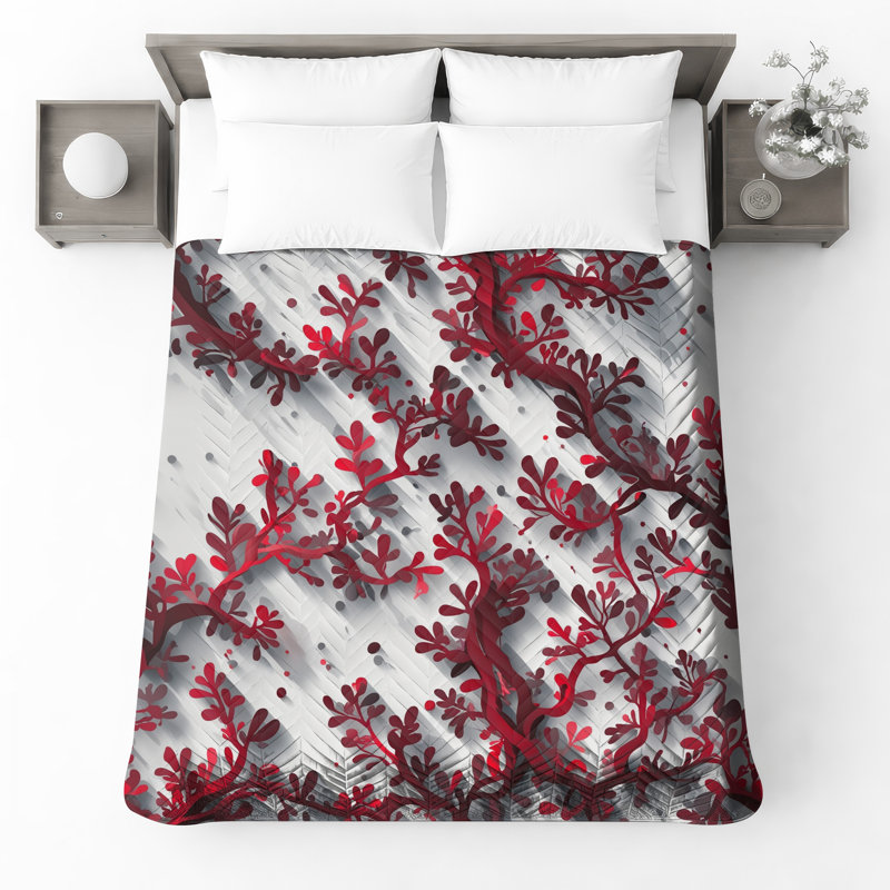Red Leafy Branches Quilted Bedspread All Sizes, Queen