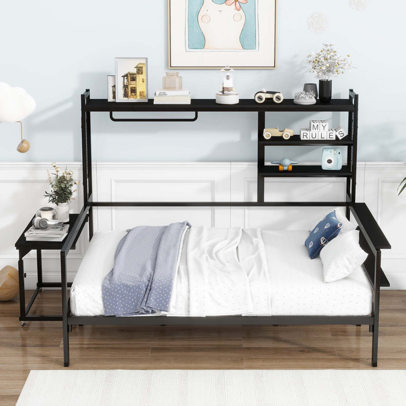Lit de jour en métal avec bureau mobile, grille en métal, tablettes et cintre, Lit double, Noir